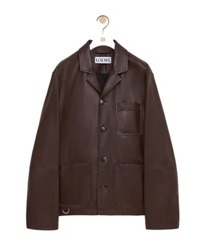 Loewe Camp-collar Logo-debossed Leather Jacket In Brown