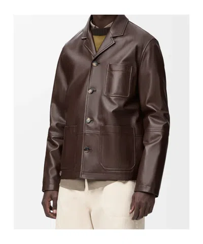 Loewe Camp-collar Logo-debossed Leather Jacket In Brown
