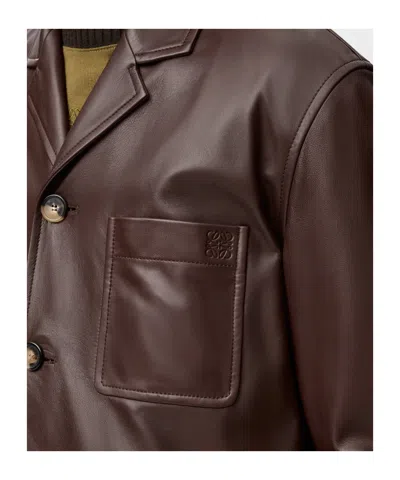 Loewe Camp-collar Logo-debossed Leather Jacket In Brown