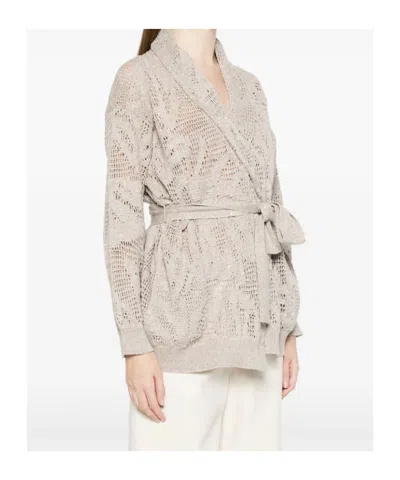 Brunello Cucinelli Tie Waist Open Knit Cardigan In White