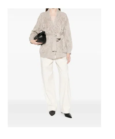 Brunello Cucinelli Tie Waist Open Knit Cardigan In White
