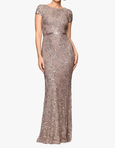 Betsy & Adam Keisha Sequin Embellished Short Sleeve Gown In Taupe In Gray