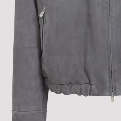Brunello Cucinelli Suede Jacket Collared Design Elasticated Hem Pockets In Gray