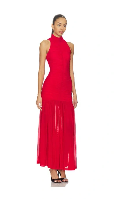 Bardot Orlana Sleeveless Racerneck Dropped Waist Ruched Mesh Maxi Dress In Red