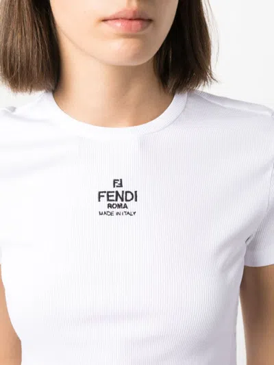 Fendi Women White Ribbed Crop T-shirt With Logo Embroidery In Cotton Woman