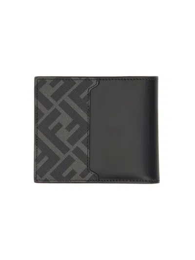 Fendi Squared Ff Leather Compact Bi-fold Wallet In Black