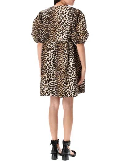 Ganni Brown Leopard Printed Cotton Tie String Minidress In 943 Leopard