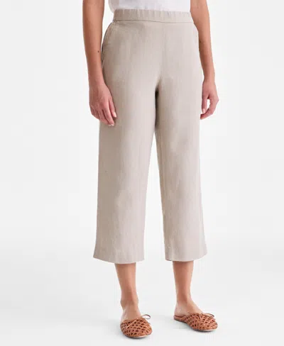 Charter Club Womens 100 Linen Solid Cropped Pull On Pants Created For Macys In Brown