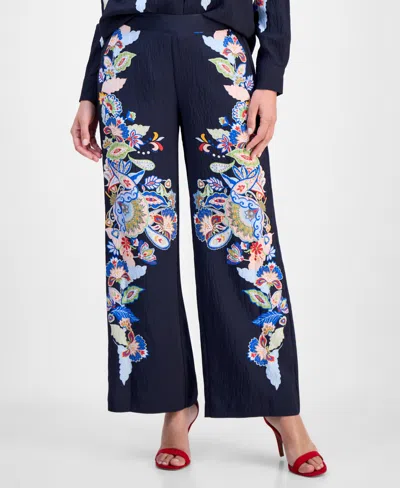 T Tahari Printed Pull On Pants In Blue