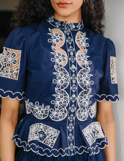Love The Label Elizabeth Embroidered Peplum Top In Blue