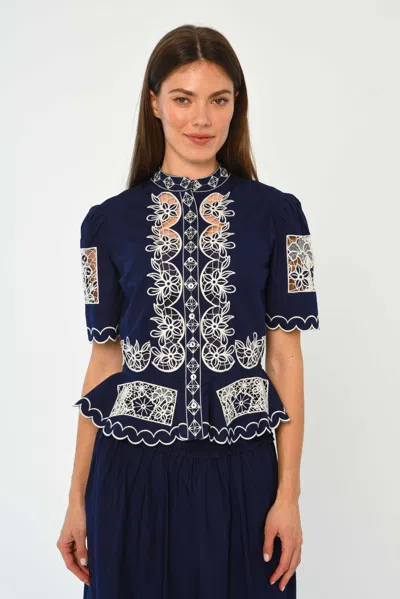 Love The Label Elizabeth Embroidered Peplum Top In Blue