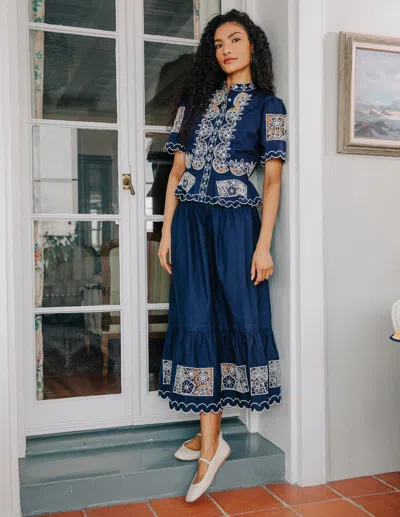 Love The Label Nolan Maxi Skirt In Navy Ivory Embroidery In Animal Print