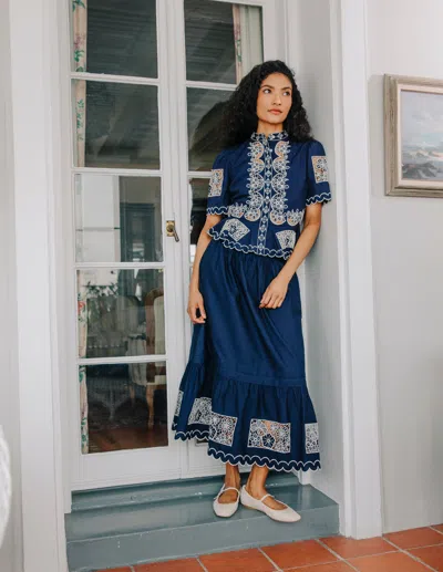Love The Label Nolan Maxi Skirt In Navy Ivory Embroidery In Animal Print