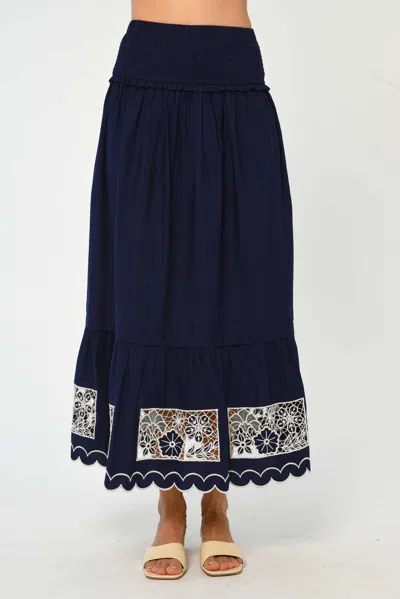 Love The Label Nolan Maxi Skirt In Navy Ivory Embroidery In Animal Print