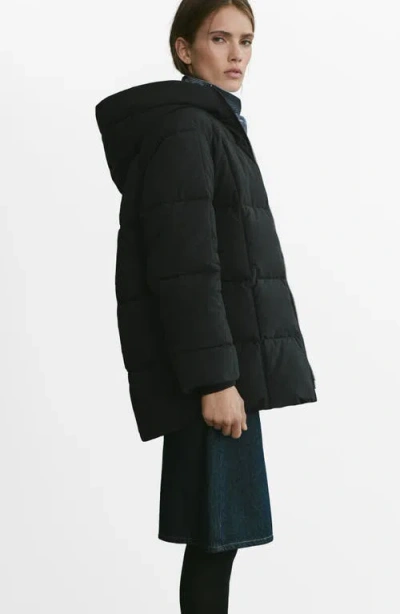 Mango Quilted Hooded Puffer Coat In Black