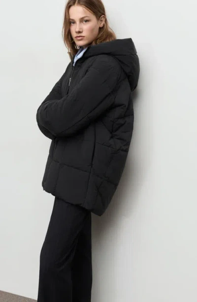 Mango Quilted Hooded Puffer Coat In Black