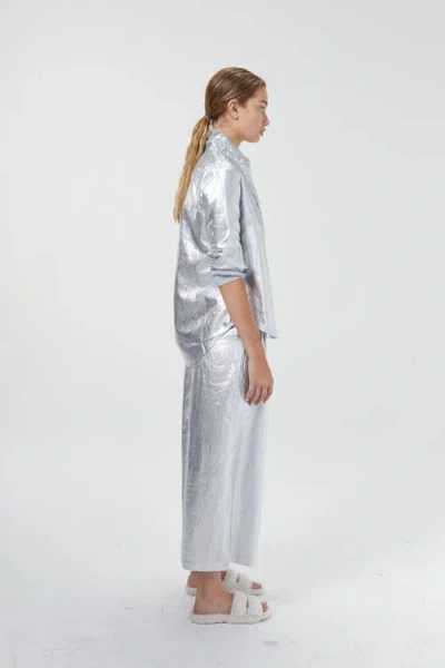 Lanhtropy Culotte Metallic Linen Pant In Silver