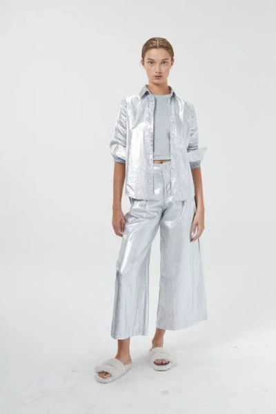 Lanhtropy Culotte Metallic Linen Pant In Silver