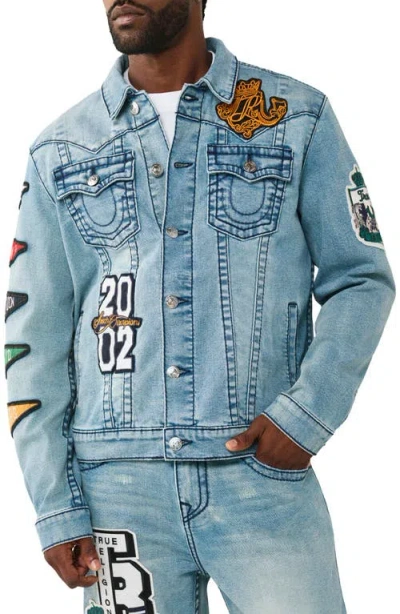 True Religion Jimmy Varsity Patch Denim Trucker Jacket In Blue