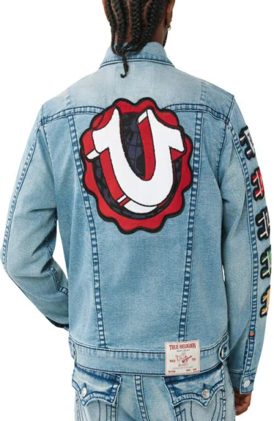 True Religion Jimmy Varsity Patch Denim Trucker Jacket In Blue