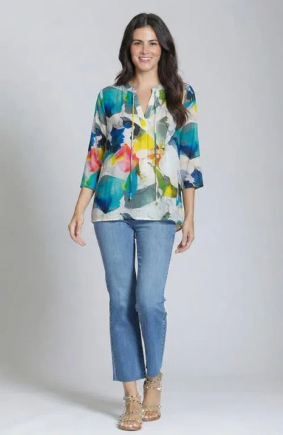 Apny Print Tassel Split Neck Chiffon Top In Multi