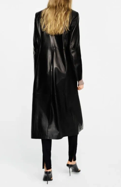 Mango Long Leather Coat In Black