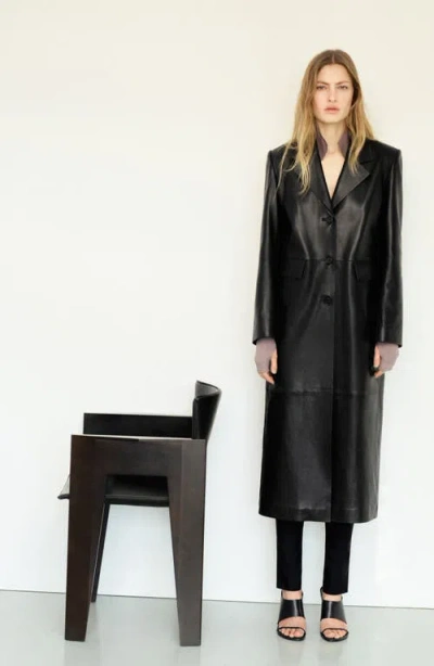Mango Long Leather Coat In Black