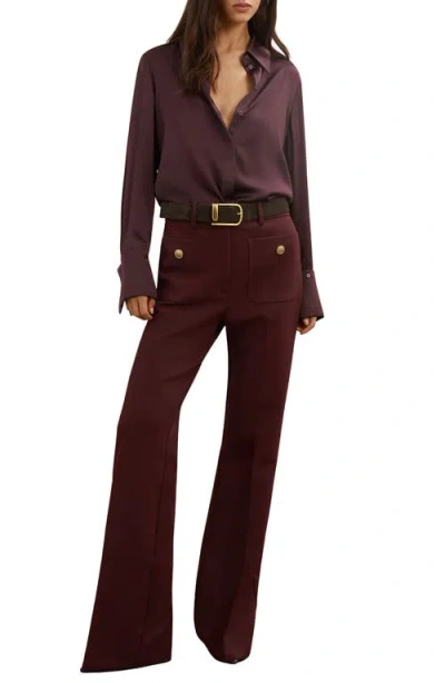 Reiss Womens Burgundy Lily Flared-leg Button-embellished Stretch Wool-blend Trousers