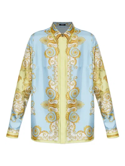 Versace Multicolor Long-sleeved Shirt With Pointed Collar And All-over Baroque Print In Silk For Women