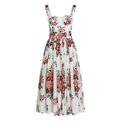 Dolce & Gabbana White Cotton Midi Dress With Floral Print Dolce E Gabbana In Multi