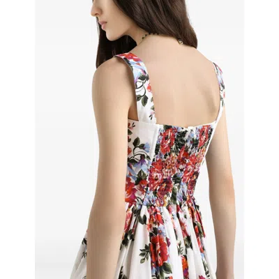 Dolce & Gabbana White Cotton Midi Dress With Floral Print Dolce E Gabbana In Multi