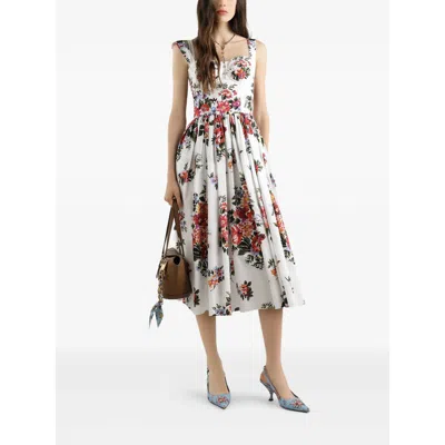 Dolce & Gabbana White Cotton Midi Dress With Floral Print Dolce E Gabbana In Multi
