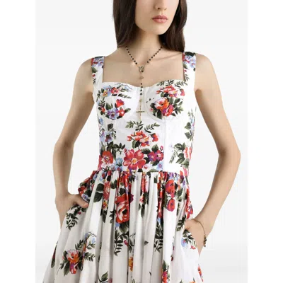 Dolce & Gabbana White Cotton Midi Dress With Floral Print Dolce E Gabbana In Multi