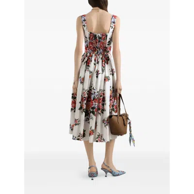 Dolce & Gabbana White Cotton Midi Dress With Floral Print Dolce E Gabbana In Multi