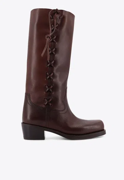 Paris Texas Roxanne Leather Knee High Block Heel Boots In Brown