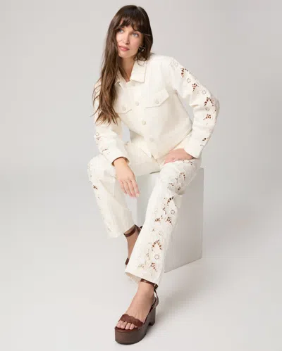 Paige Womens Tonal Ecru Embroidered Sawyer Embroided Wide-leg Denim Jeans In White