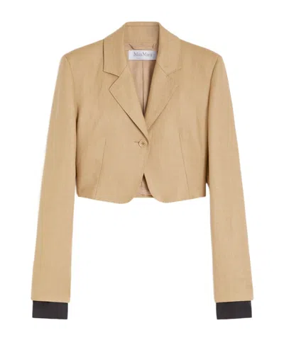 Max Mara Buono Diagonal Cropped Jacket In Camel Linen In Blue