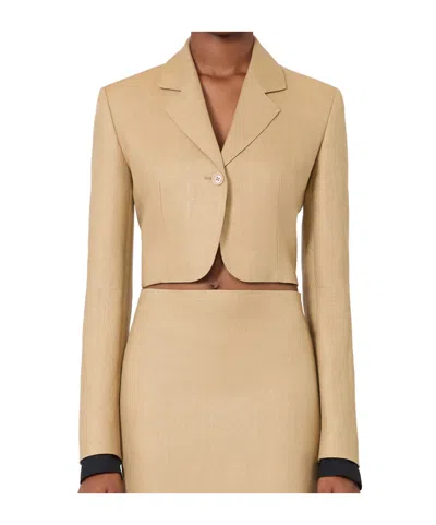 Max Mara Buono Diagonal Cropped Jacket In Camel Linen In Blue