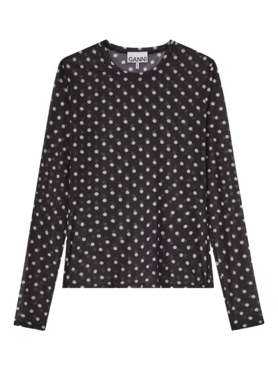 Ganni Sheer Polka Dot Long Sleeve Crew Sweater In Multi