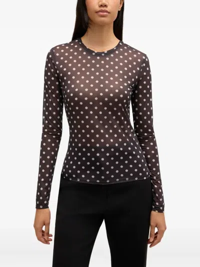 Ganni Sheer Polka Dot Long Sleeve Crew Sweater In Multi