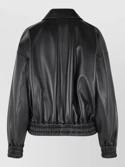 Jil Sander Leather Bomber Jacket Collared Pockets Elasticated Hem In Black