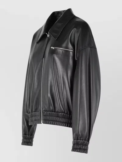 Jil Sander Leather Bomber Jacket Collared Pockets Elasticated Hem In Black