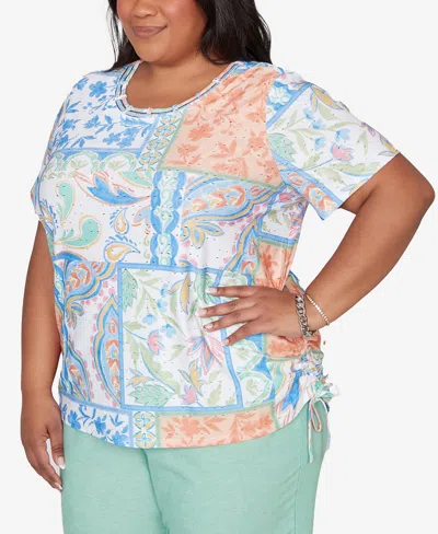 Alfred Dunner Plus Size Caribbean Blues Patchwork Scroll Side Tie Ruched Top In Multi