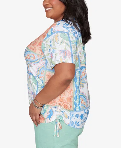 Alfred Dunner Plus Size Caribbean Blues Patchwork Scroll Side Tie Ruched Top In Multi