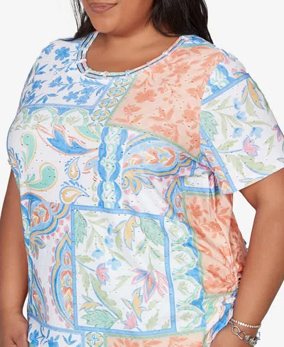 Alfred Dunner Plus Size Caribbean Blues Patchwork Scroll Side Tie Ruched Top In Multi