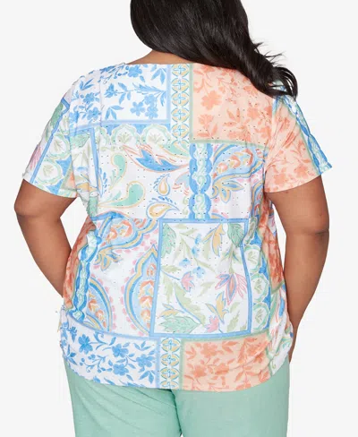 Alfred Dunner Plus Size Caribbean Blues Patchwork Scroll Side Tie Ruched Top In Multi