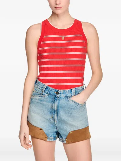 Sandro Striped-pattern Logo-plaque Tank Top In Red