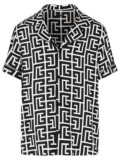 Balmain Monogram Printed Short-sleeved Shirt In Black