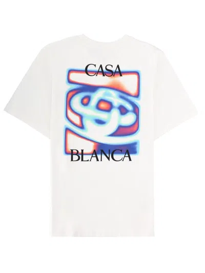Casablanca Men White Crewneck T-shirt With Logo Detail On The Front And Maxi Logo On The Rear In Cot