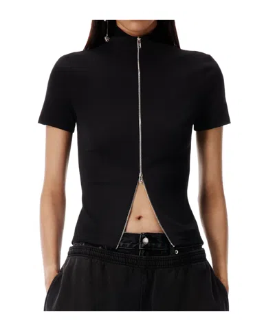 Alexander Wang Rashguard Mock Neck Short Sleeve Top In Black